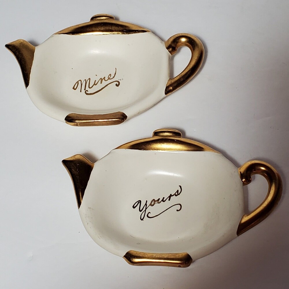 "Yours" and "Mine" Tea Bag Holders 1960 Teapot Shape Vintage